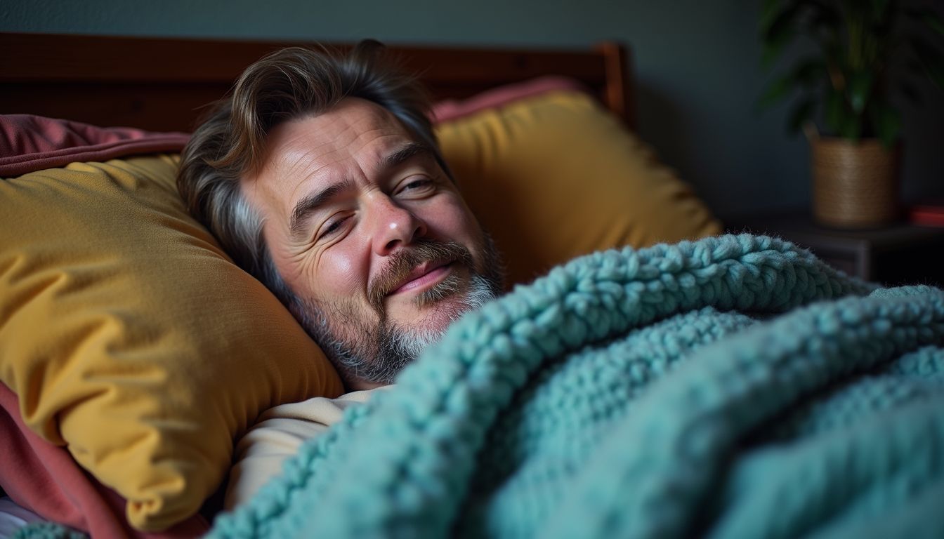 A middle-aged man relaxes in a cozy bedroom with soft blankets.