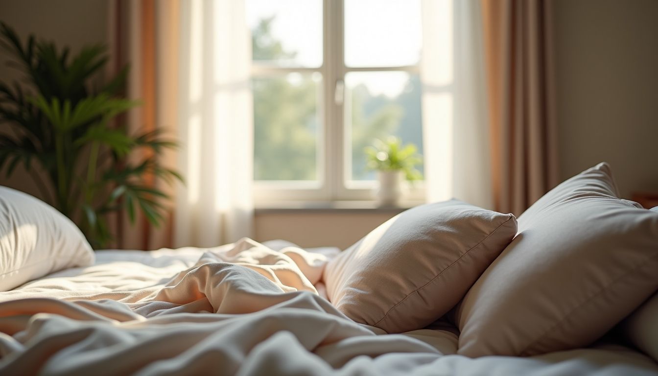 A peaceful bedroom with soft pillows and a warm blanket.