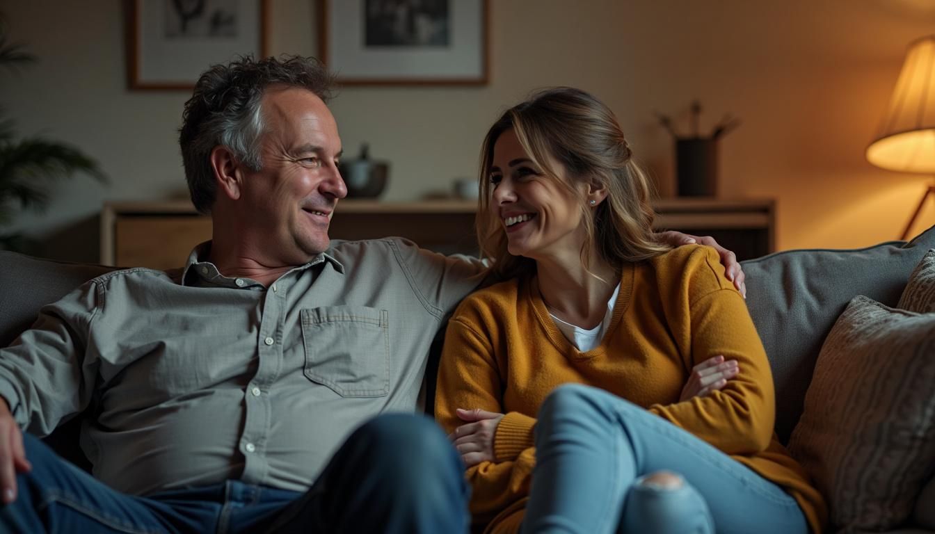 A couple in their mid-30s sitting on a sofa in a dimly lit living room, appearing relaxed and engaged with each other.